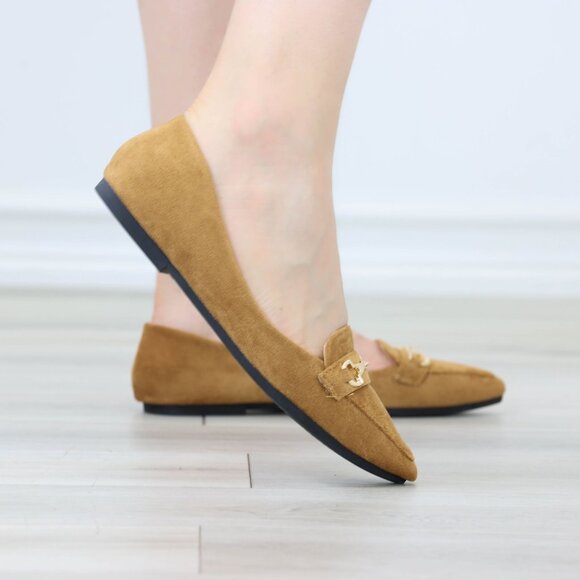 Pointed Toe Flats Tan Gold Accent Slip On Loafers Shoe Faux Suede - Picture 12 of 13